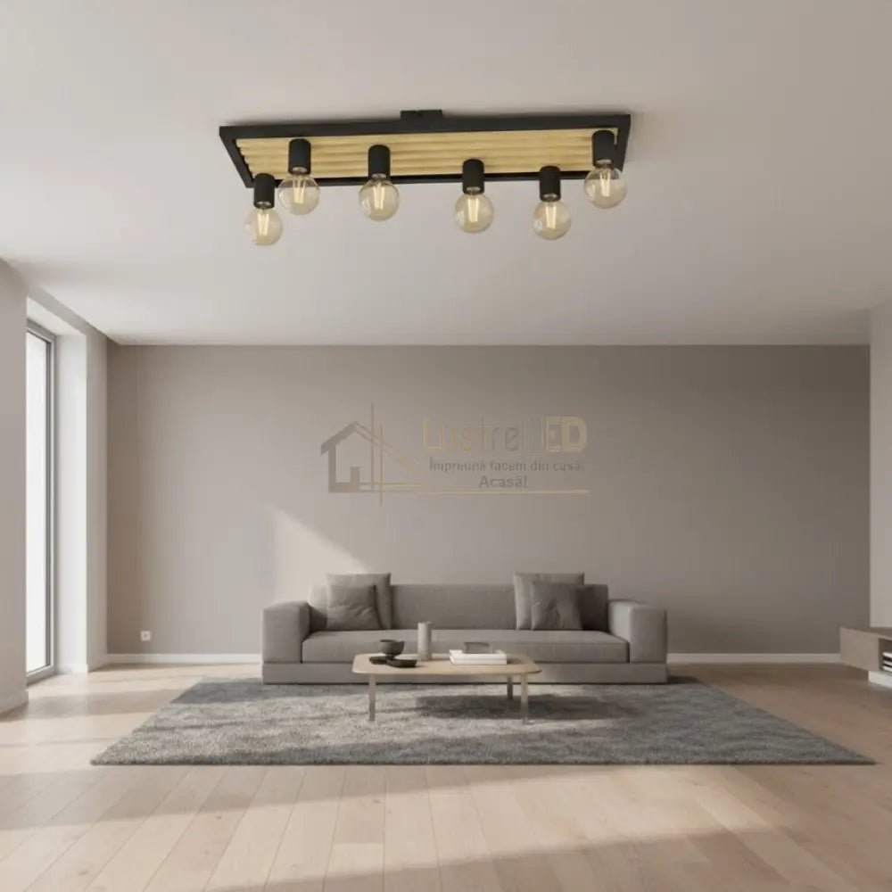 Lustra CONSETT Black & Wood 6xE27 Eglo Lighting Fixtures