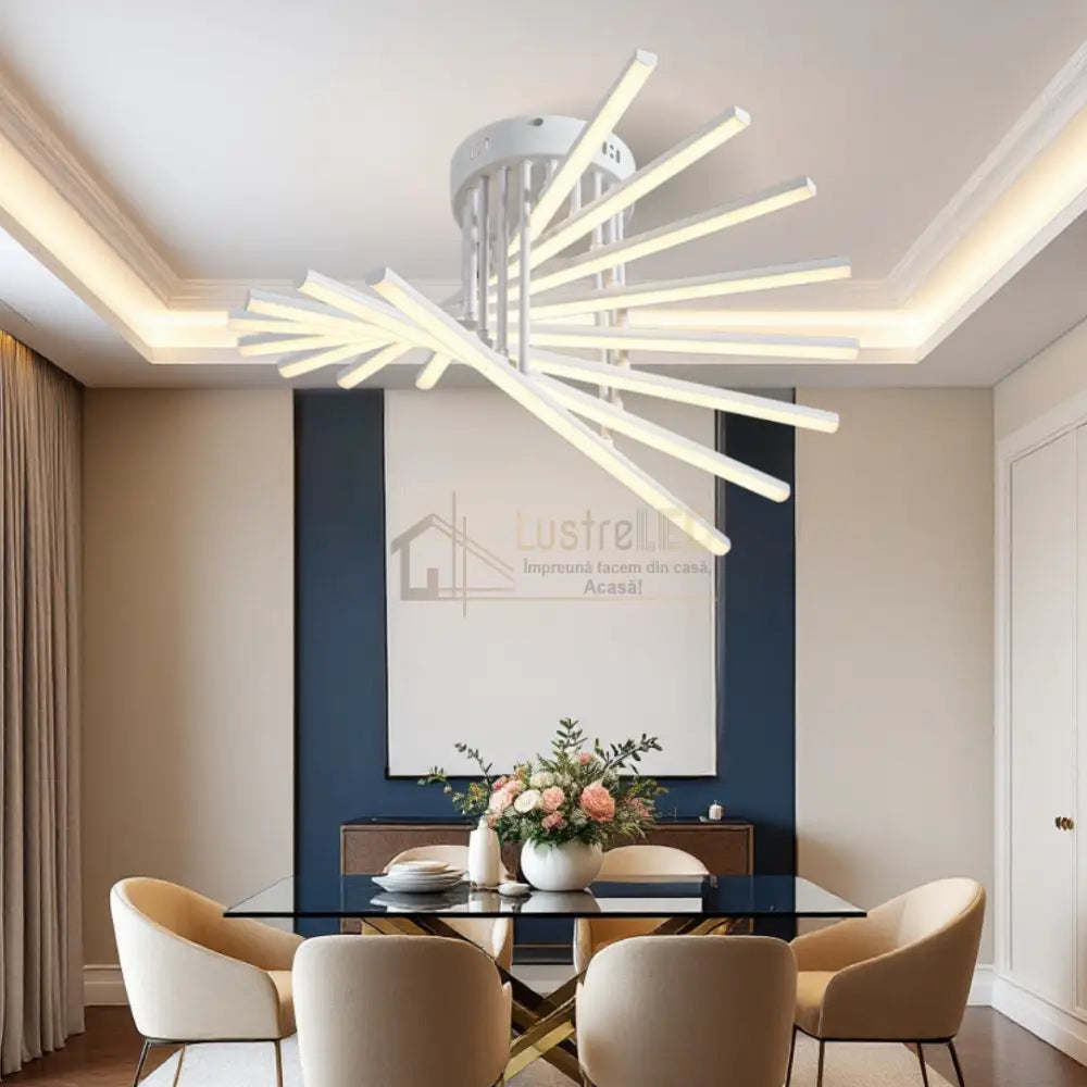 Lustra LED 8 Modern LINES White Echivalent 400W Telecomanda 7020-8C ALBA / 58CM / MINIMALIST DESIGN Lighting Fixtures