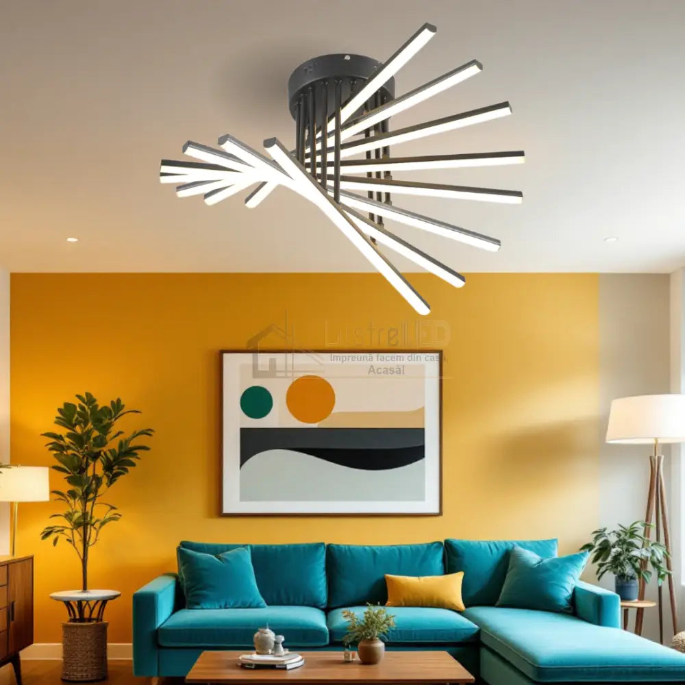 Lustra LED 8 Modern LINES Black Echivalent 400W Telecomanda 7020-8C NEAGRA / 58CM / MINIMALIST DESIGN Lighting Fixtures