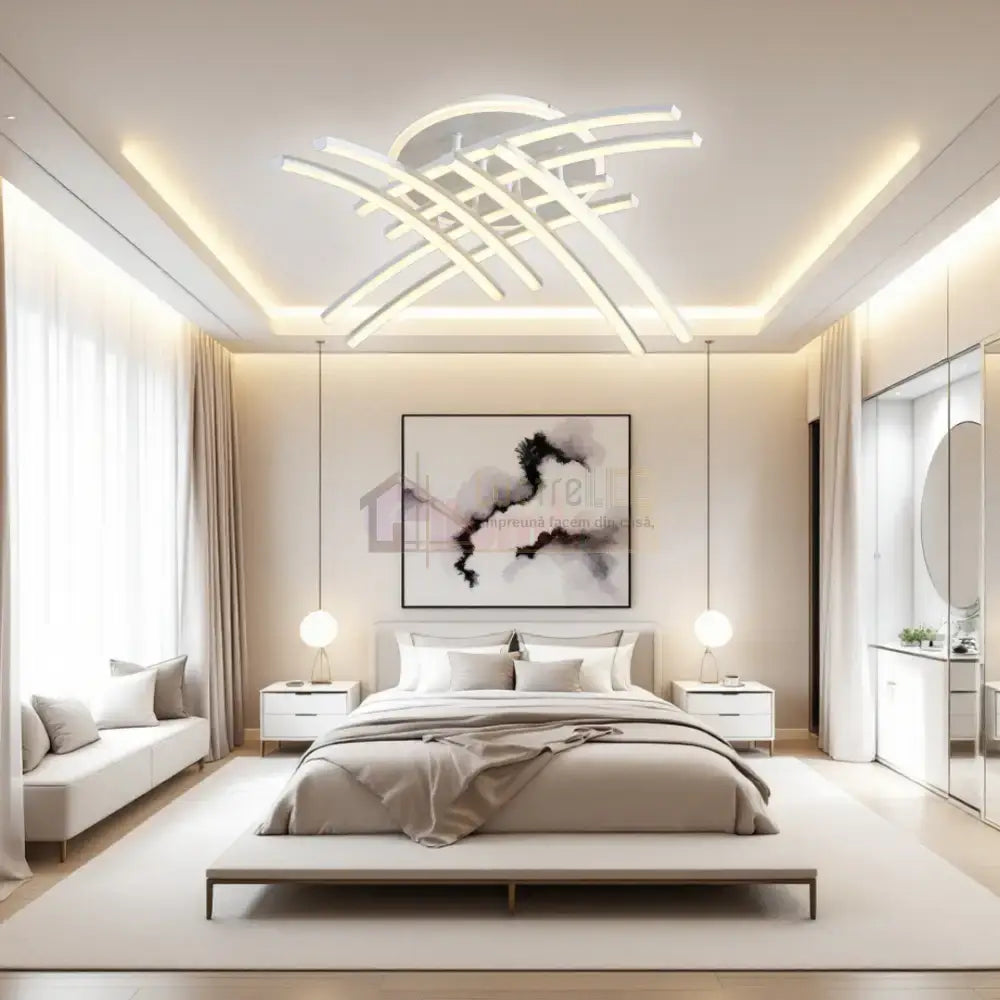 Lustra LED 8 Modern LINES White Echivalent 400W Telecomanda WT-7023-8C ALBA / 69CM / MINIMALIST DESIGN Lighting Fixtures