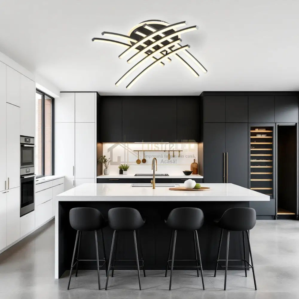 Lustra LED 8 Modern LINES Black Echivalent 400W Telecomanda BK-7023-8C NEAGRA / 69CM / MINIMALIST DESIGN Lighting