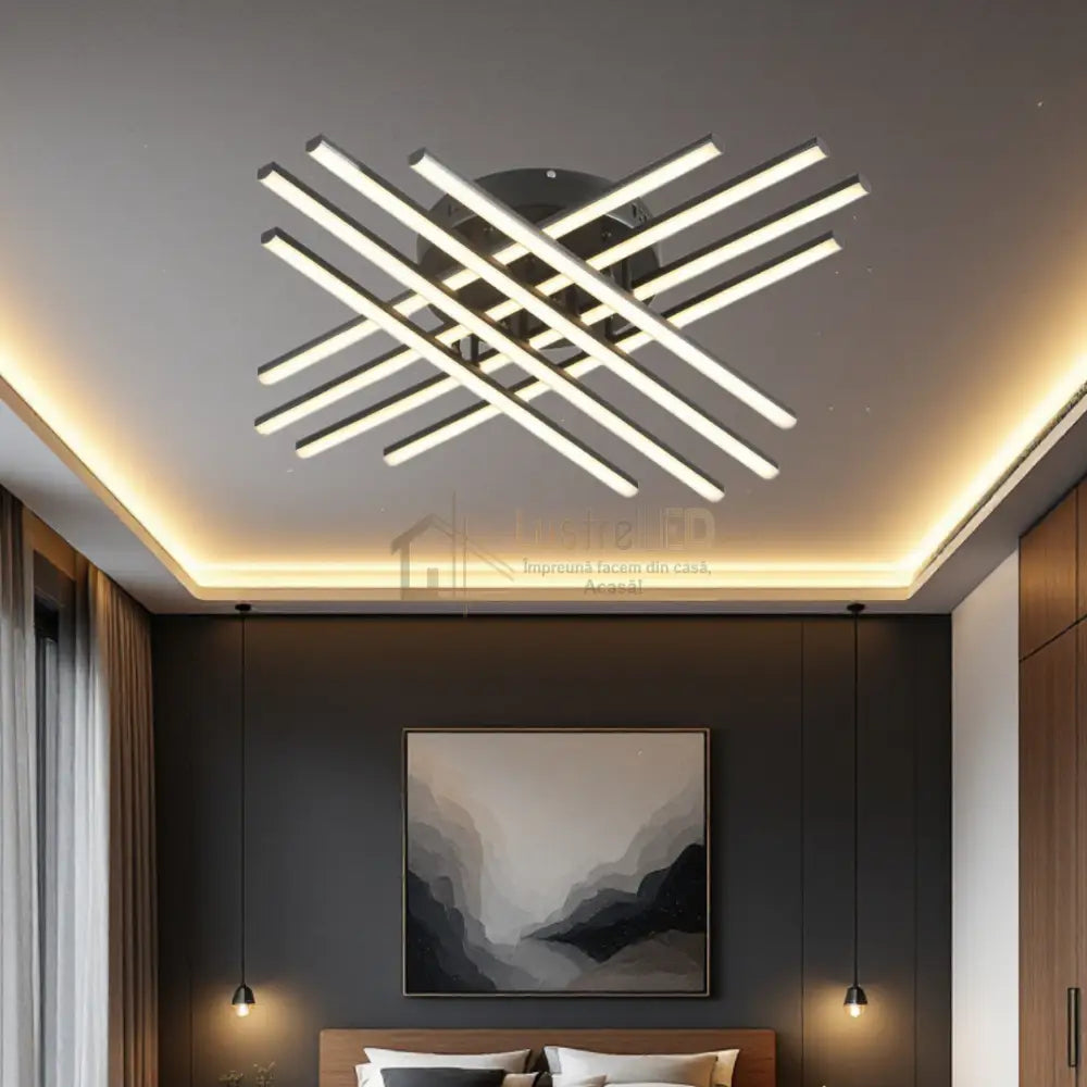 Lustra LED 144W X cu 8 Linii NEGRE Echivalent 1000W cu Telecomanda NEAGRA / 72CM / MINIMALIST DESIGN Lighting Fixtures