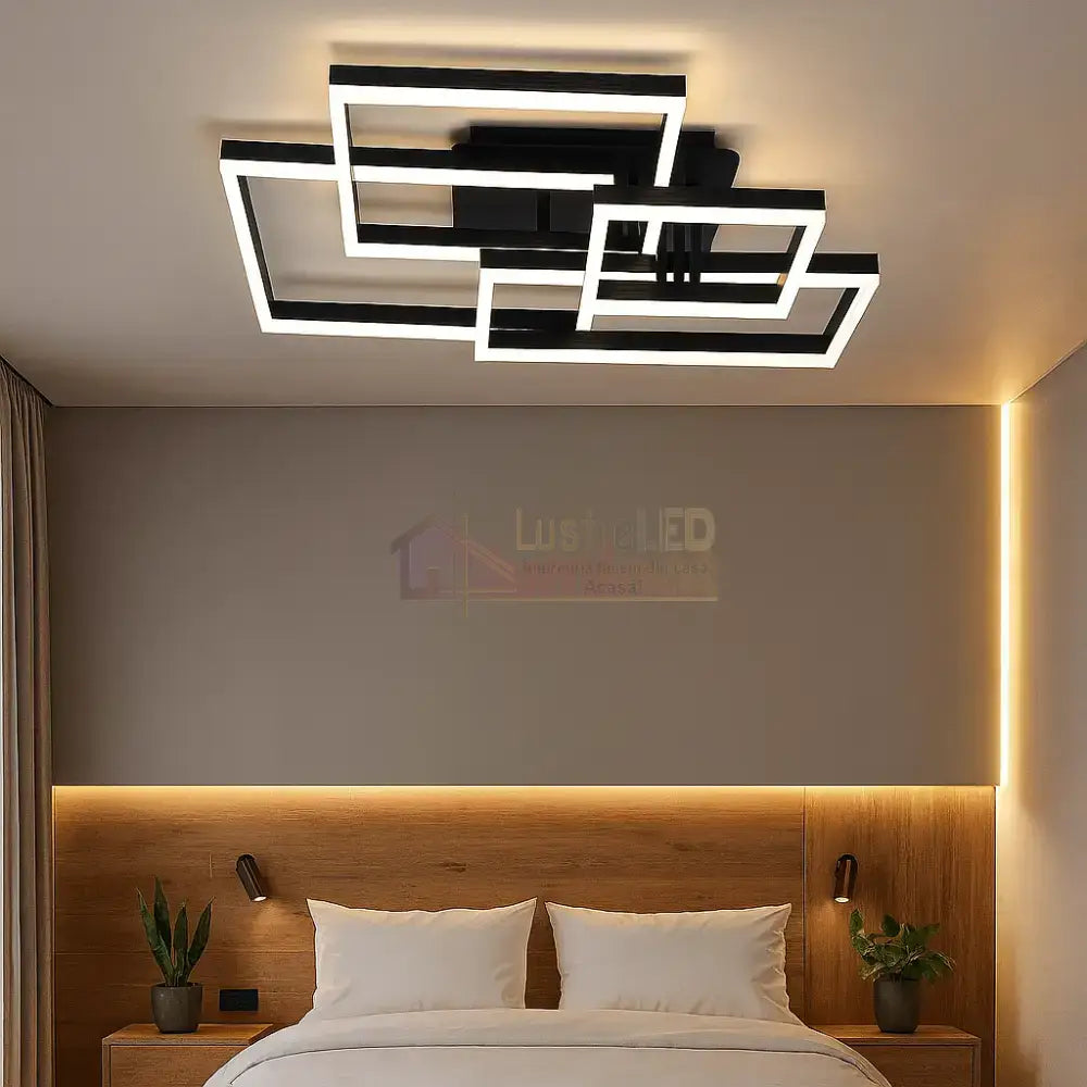 Lustra LED 184W Straight Angles Black Telecomanda Echivalent 800W NEAGRA / SQUARE DESIGN / 70CM Lighting Fixtures