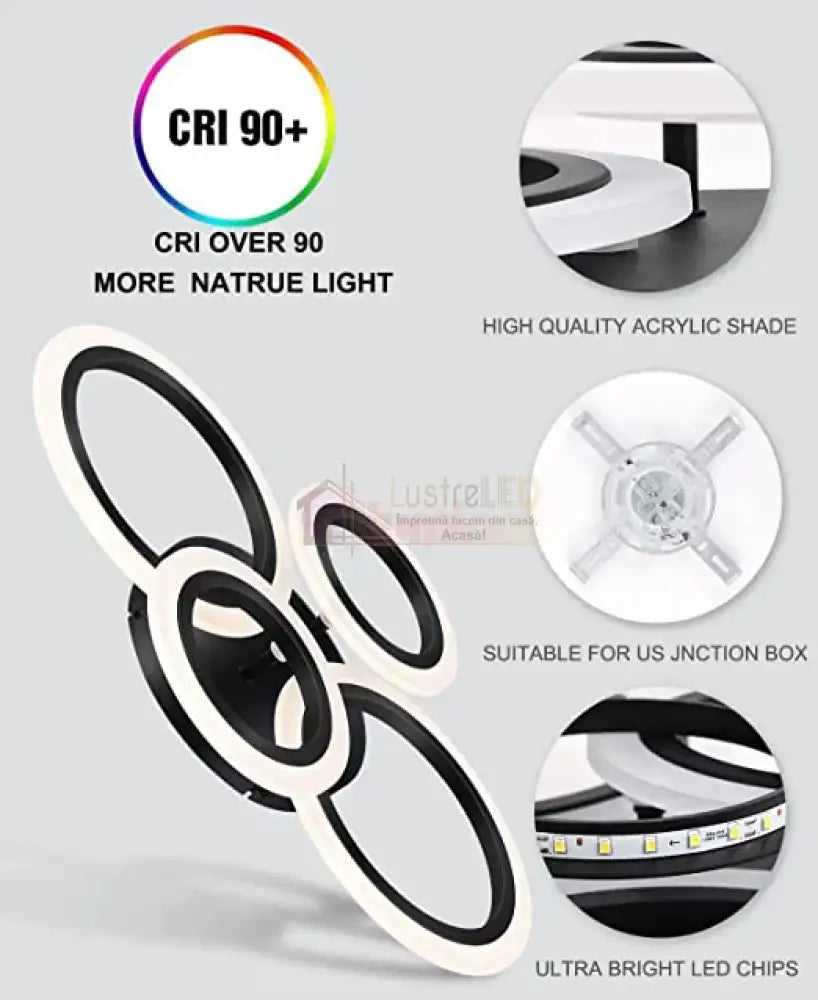 Lustra Led 2 + 2 Circle Black Echivalent 400W Telecomanda Lighting Fixtures