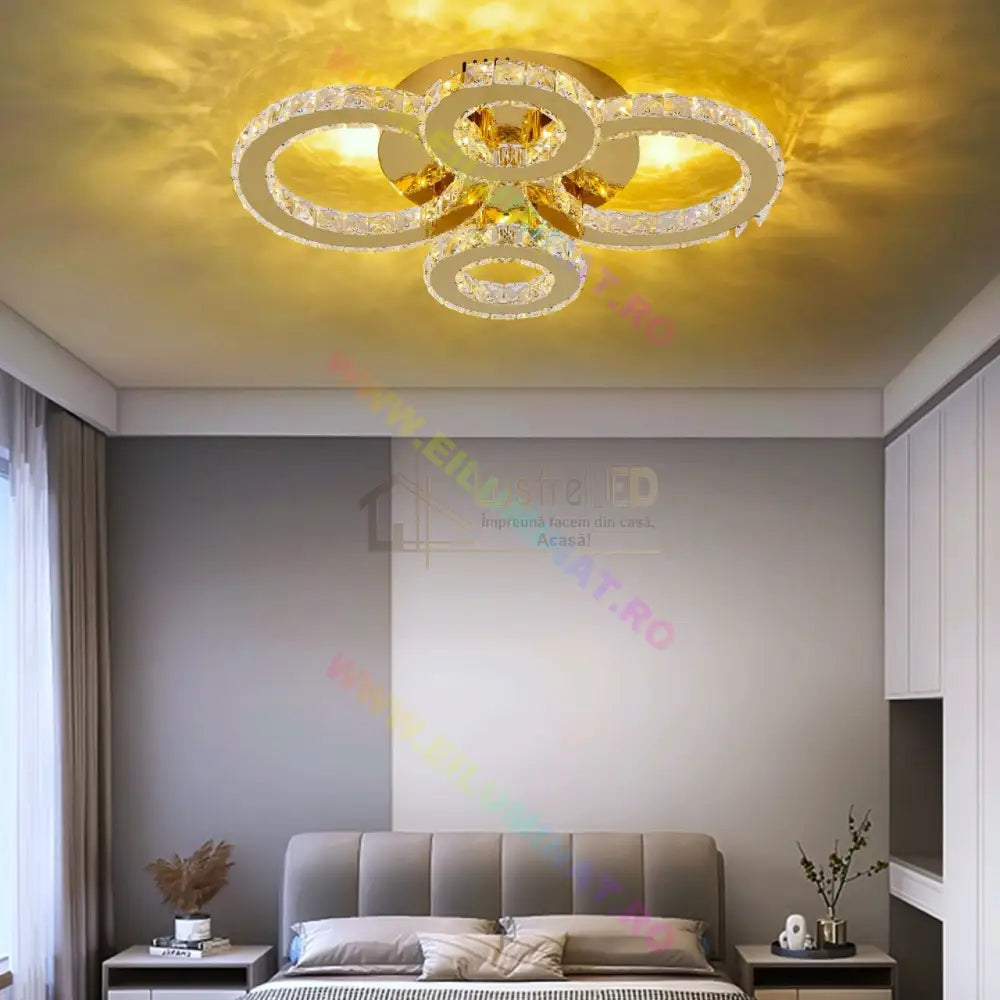 Lustra Led 2 + 2 Circle Gold Cristal Telecomanda Echivalent 400W Chandeliers Crystal