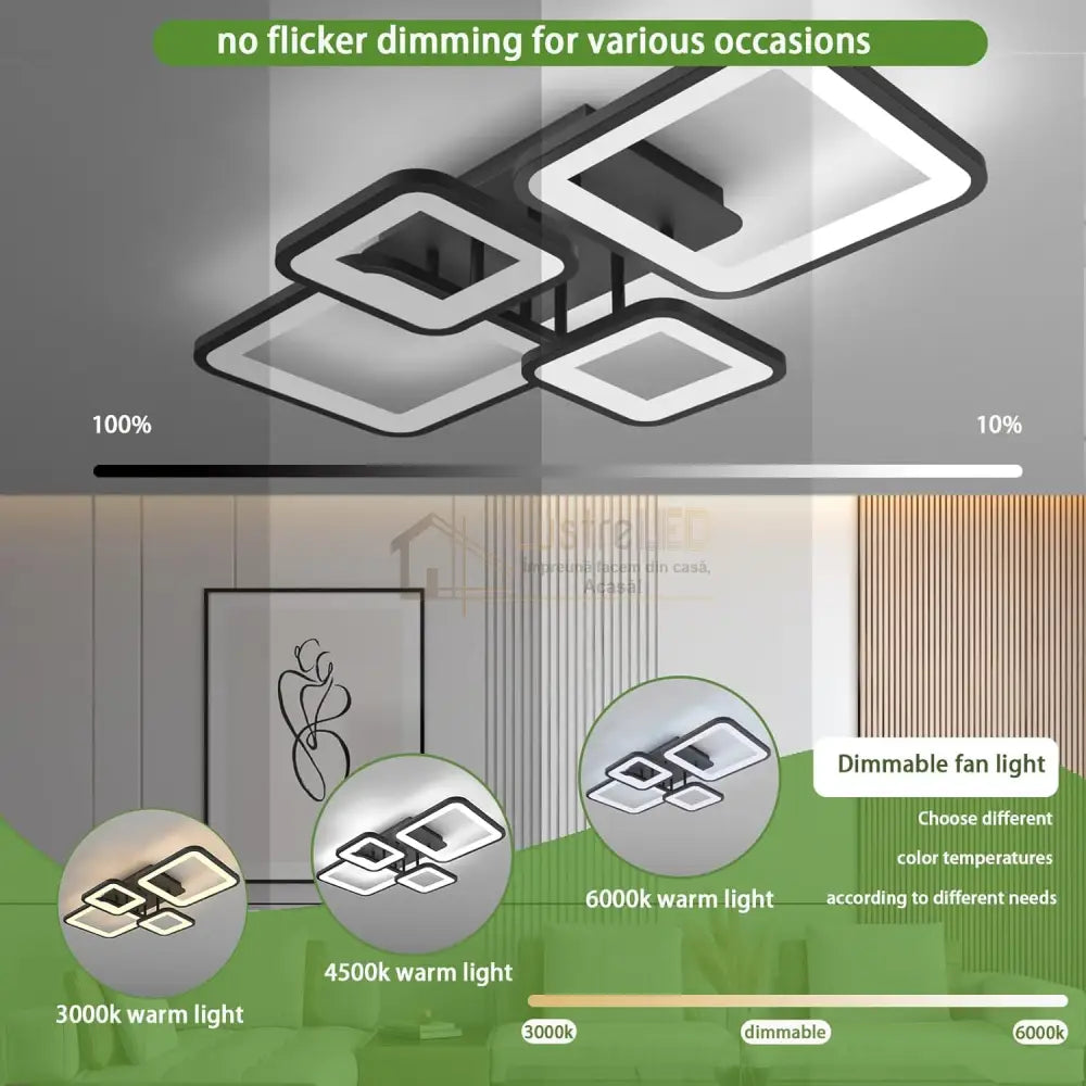 Lustra Led 2 + 2 Square Black Telecomanda Echivalent 500W Lighting Fixtures
