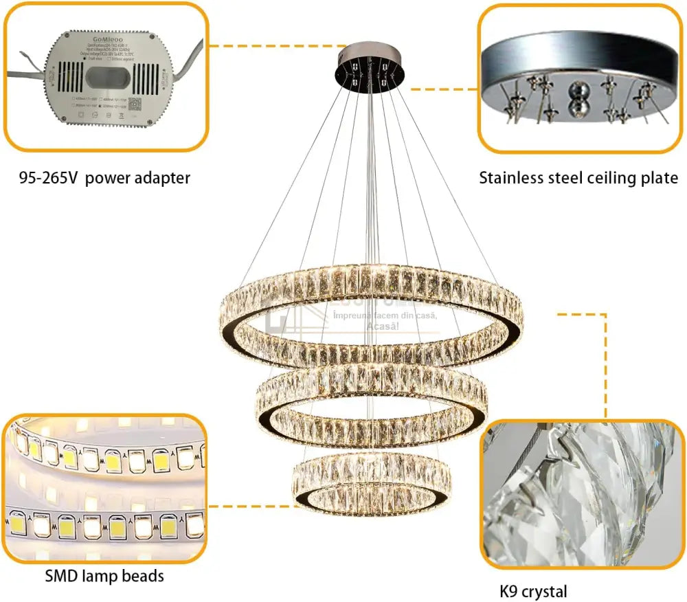 Lustra Led 200W Cristal 3 Segmente Xxl ⌀80/60/40Cm Chandeliers Crystal