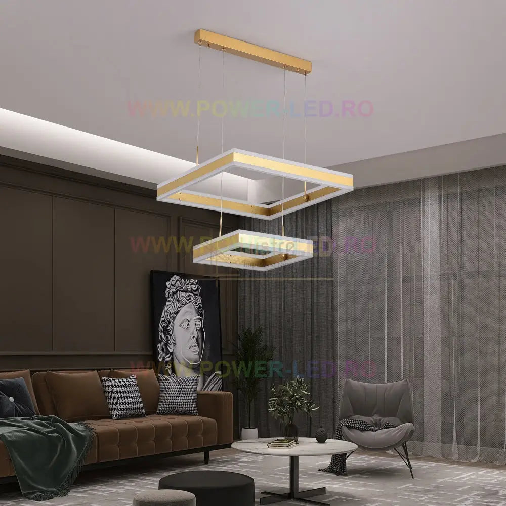 Lustra Led 256W Cassandra Square Gold 2 Segmente Telecomanda Lighting Fixtures