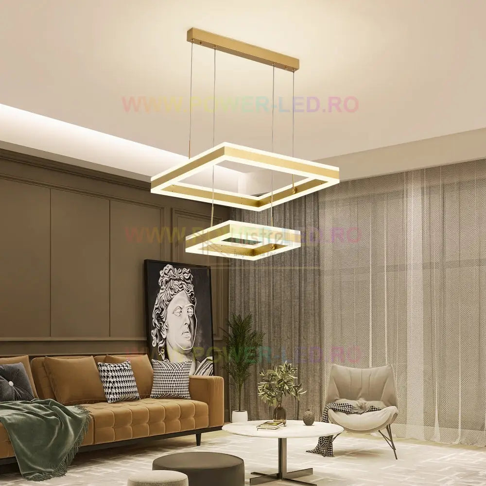 Lustra Led 256W Cassandra Square Gold 2 Segmente Telecomanda Lighting Fixtures