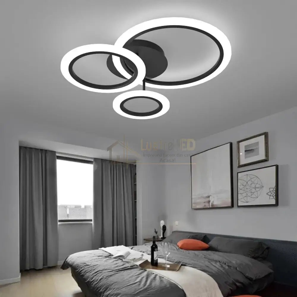 Lustra Led 3 Black Circle Echivalent 300W Telecomanda Lighting Fixtures