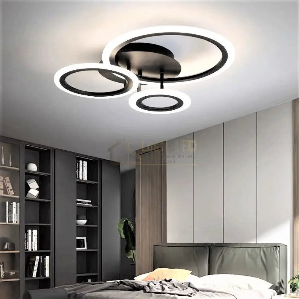 Lustra Led 3 Black Circle Echivalent 300W Telecomanda Lighting Fixtures