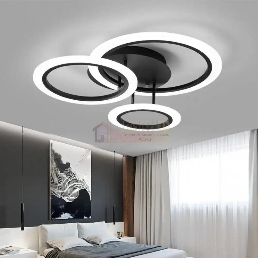 Lustra Led 3 Black Circle Echivalent 300W Telecomanda Lighting Fixtures