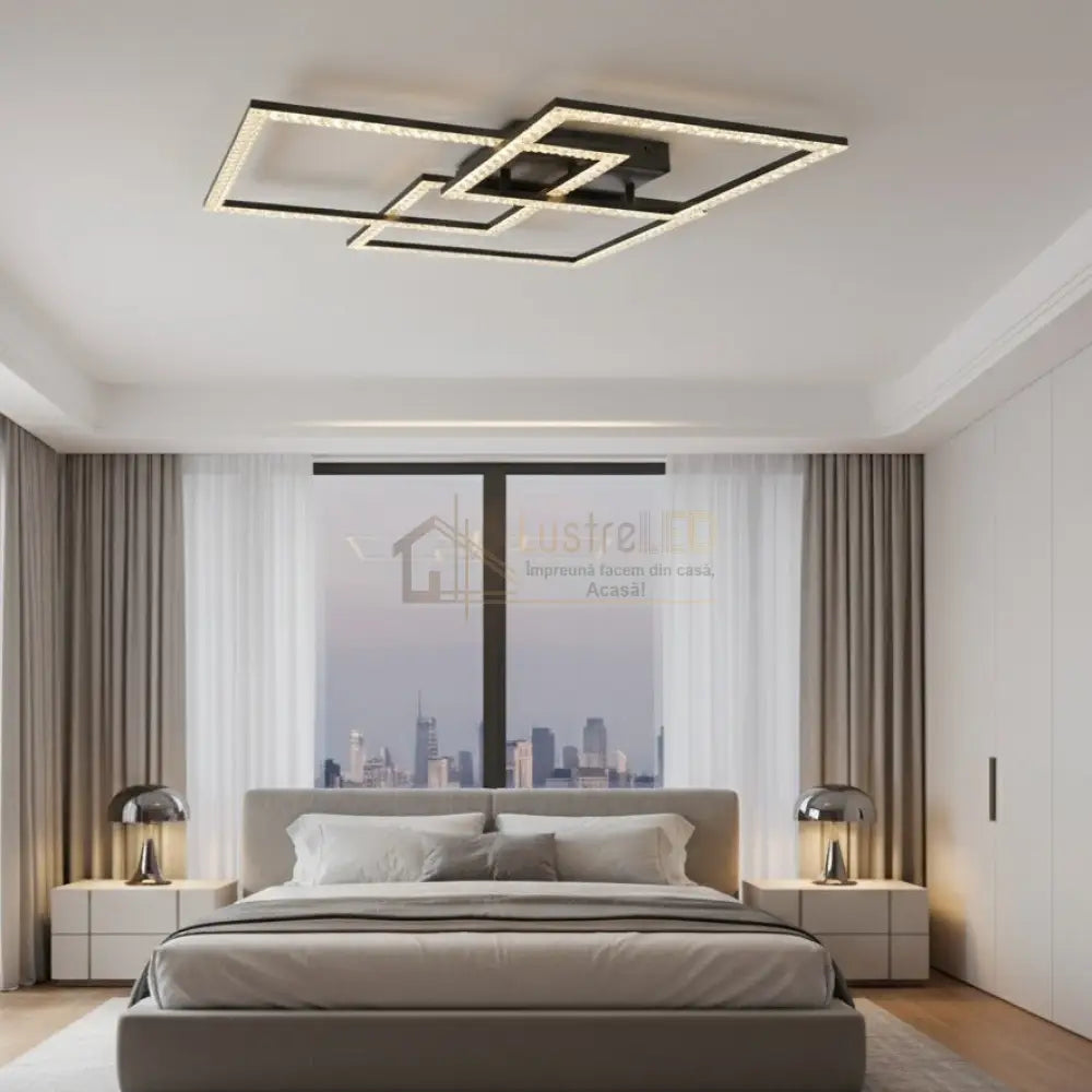 Lustra LED 3 Squares Cristal Black Echivalent 800W Telecomanda Lighting Fixtures
