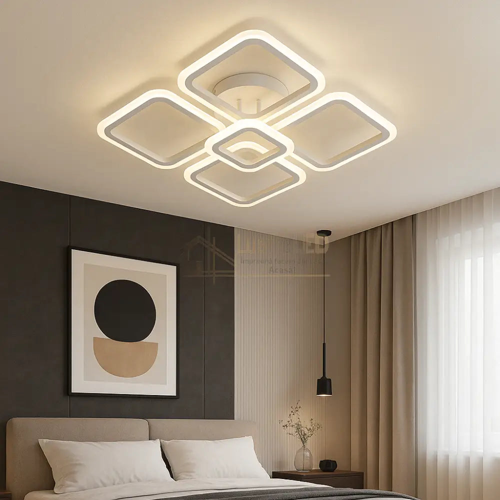 Lustra LED 4 + 1 SQUARE Alb Echivalent 400W Telecomanda ALBA / SQUARE DESIGN Lighting Fixtures