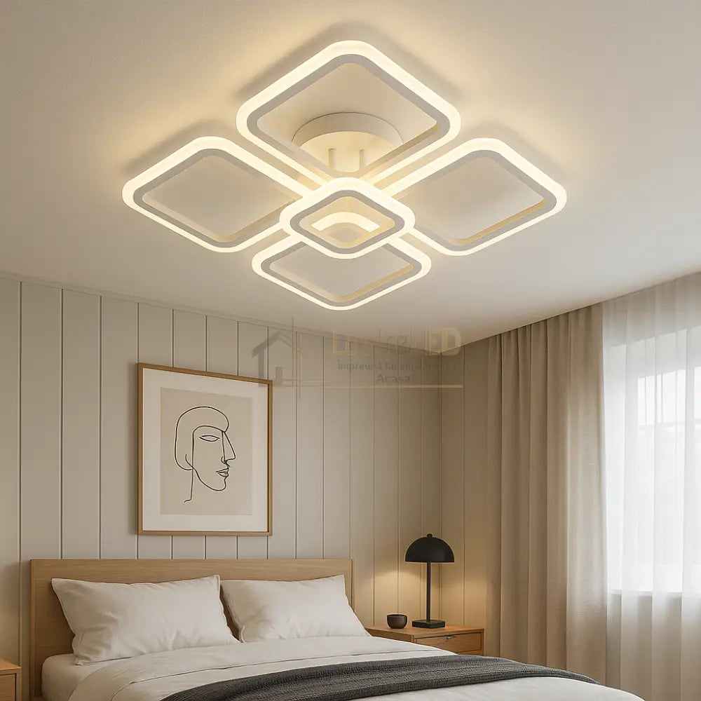 Lustra LED 4 + 1 SQUARE Alb Echivalent 400W Telecomanda ALBA / SQUARE DESIGN Lighting Fixtures