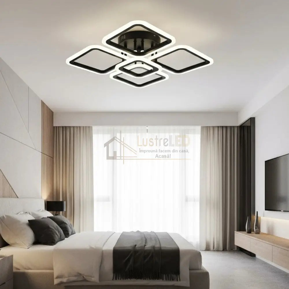 Lustra LED 4 + 1 SQUARE BLACK Echivalent 400W Telecomanda NEAGRA / SQUARE DESIGN Lighting Fixtures