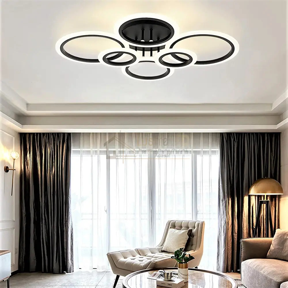 Lustra Led 4 + 2 Circle Maxi Black Design Telecomanda Echivalent 600W Lighting Fixtures