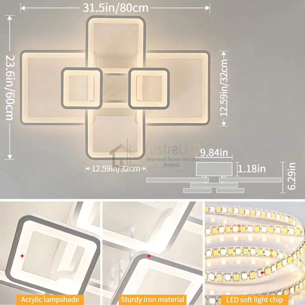 Lustra Led 4 + 2 Square Alba Cu Telecomanda Echivalent 800W Lighting Fixtures