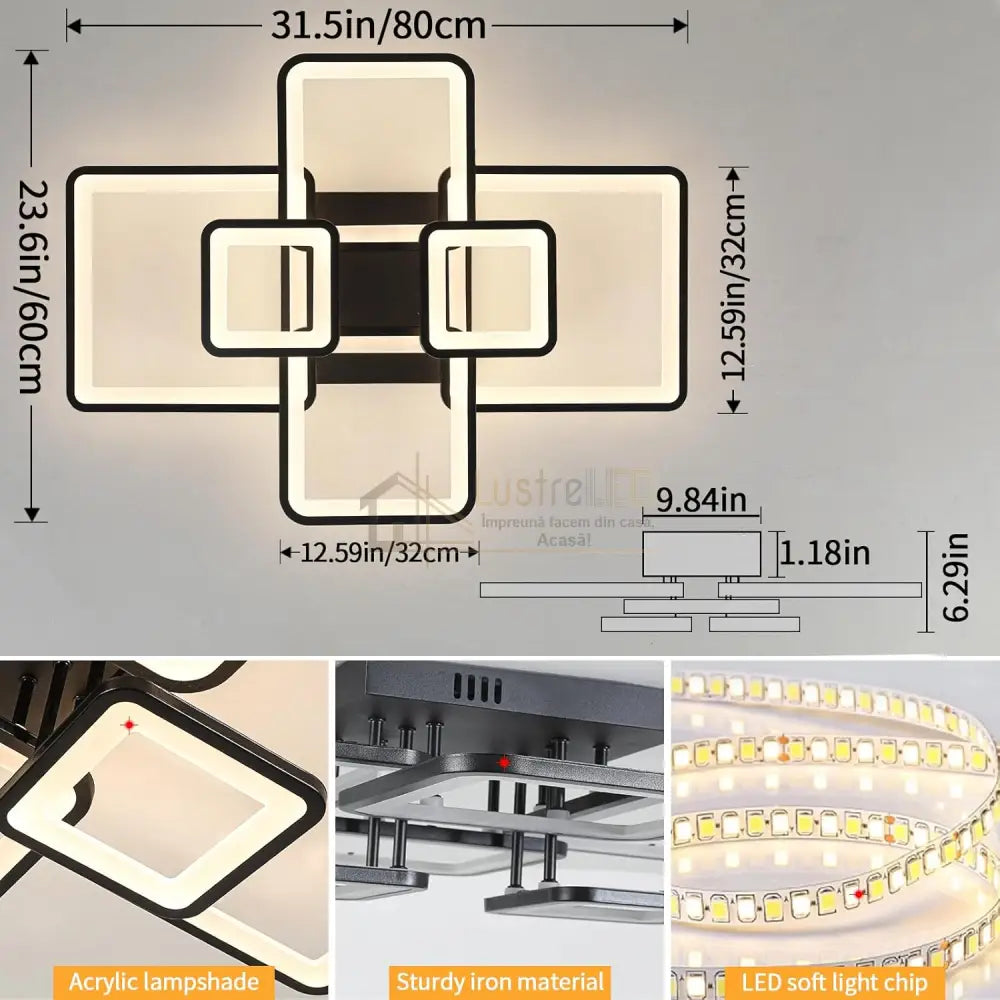 Lustra Led 4 + 2 Square Black Telecomanda Echivalent 800W Lighting Fixtures