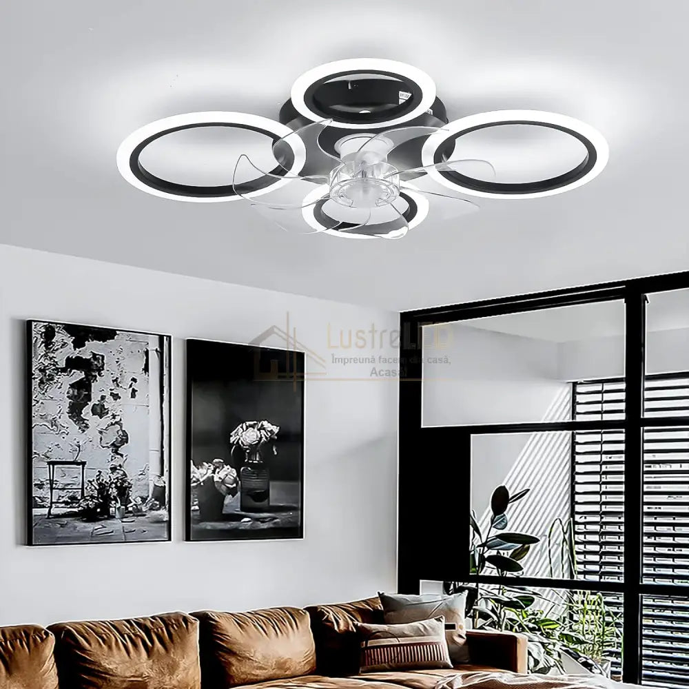 Lustra Led 4 Circle Black Ventilator Si Telecomanda Echivalent 400W Ceiling Light With Fan