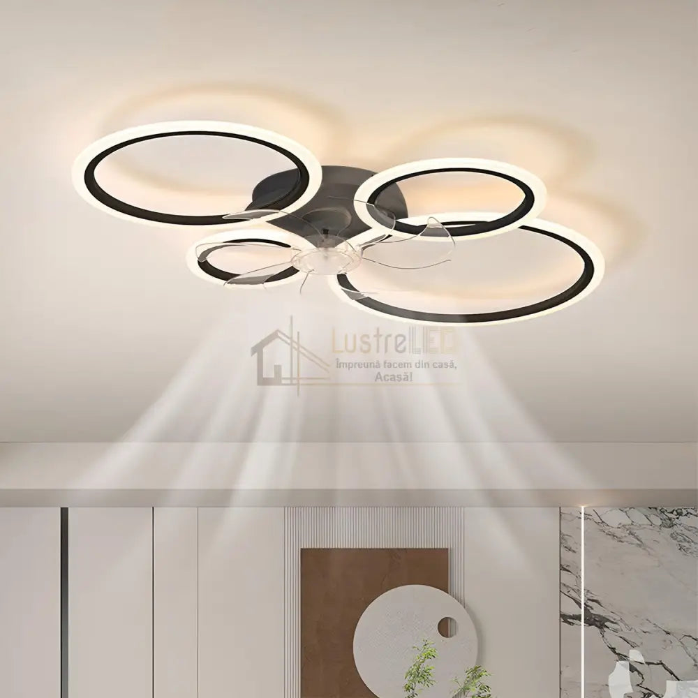 Lustra Led 4 Circle Black Ventilator Si Telecomanda Echivalent 400W Ceiling Light With Fan