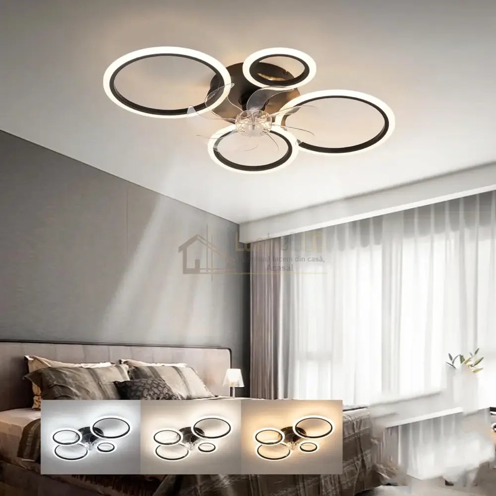 Lustra Led 4 Circle Black Ventilator Si Telecomanda Echivalent 400W Ceiling Light With Fan