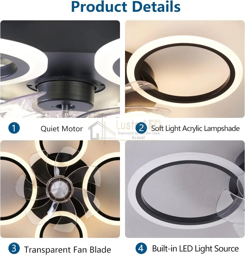 Lustra Led 4 Circle Black Ventilator Si Telecomanda Echivalent 400W Ceiling Light With Fan