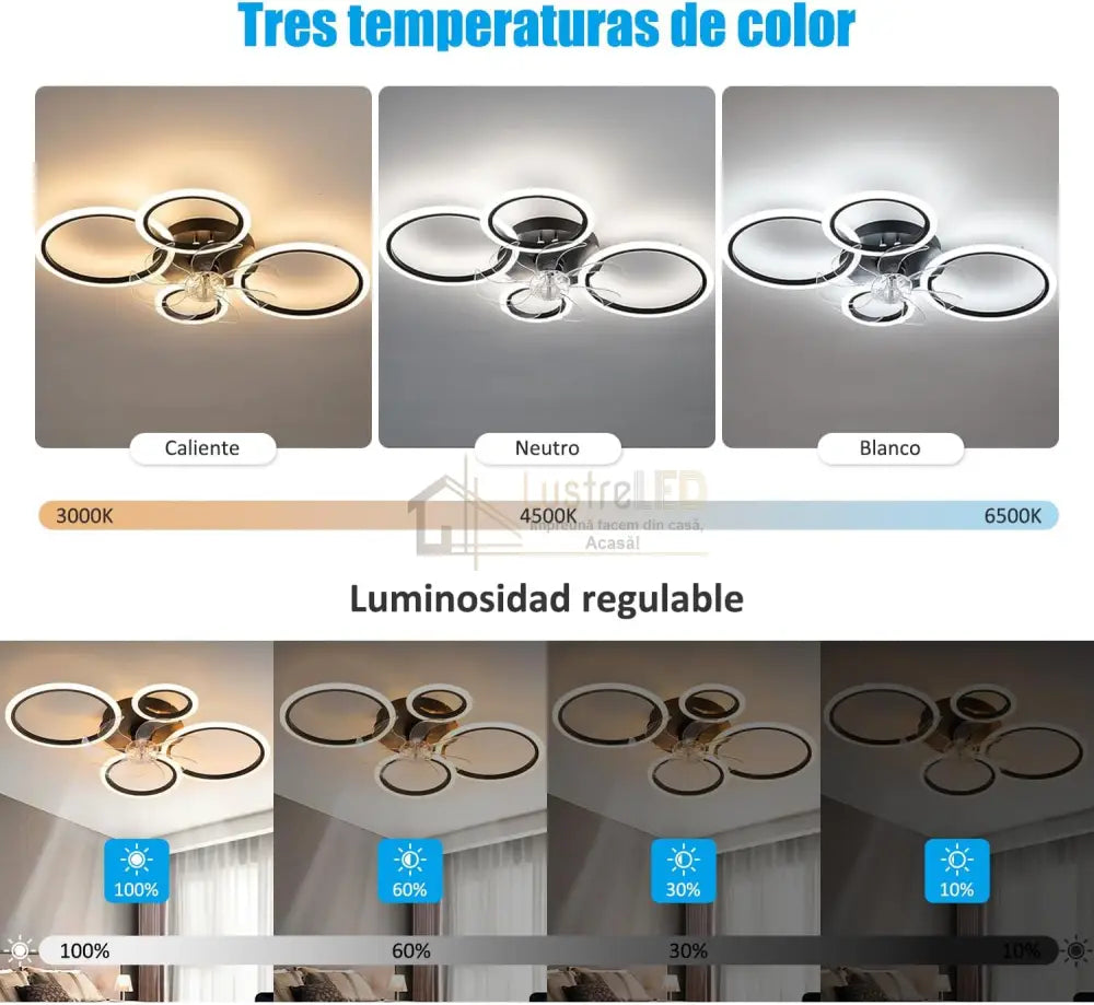 Lustra Led 4 Circle Black Ventilator Si Telecomanda Echivalent 400W Ceiling Light With Fan