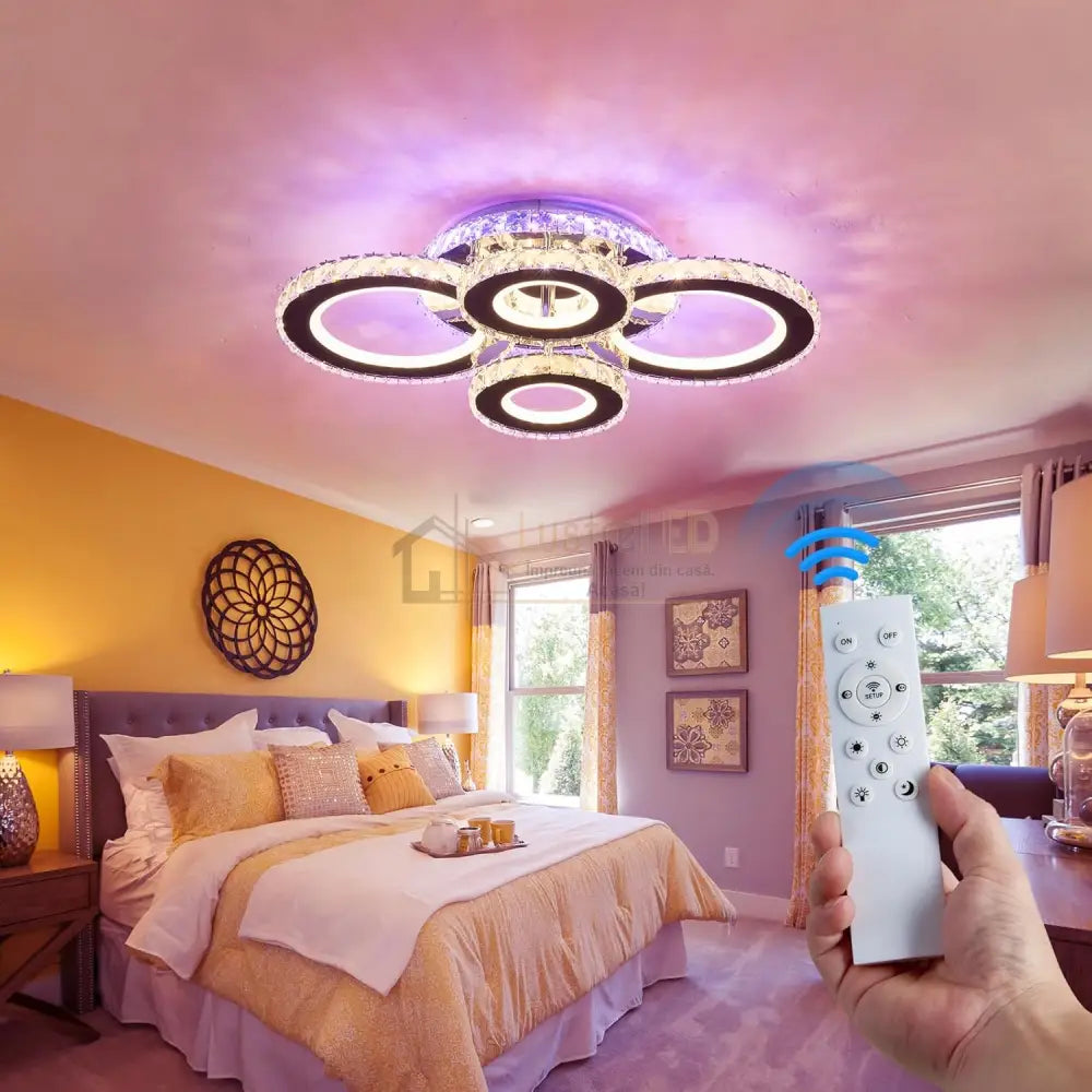 Lustra Led 4 Circle Cristal Chrome Rgb Echivalent 500W Telecomanda Lighting Fixtures