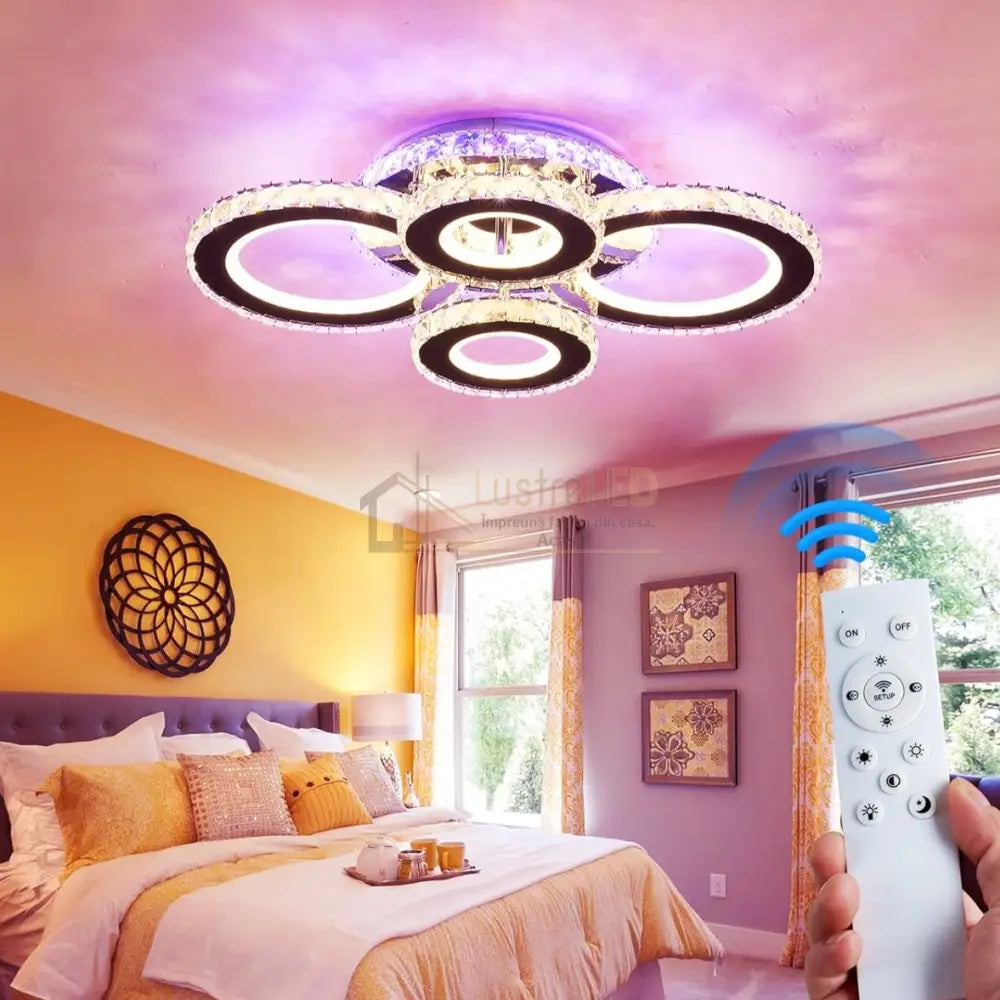 Lustra Led 4 Circle Cristal Chrome Rgb Echivalent 500W Telecomanda Lighting Fixtures