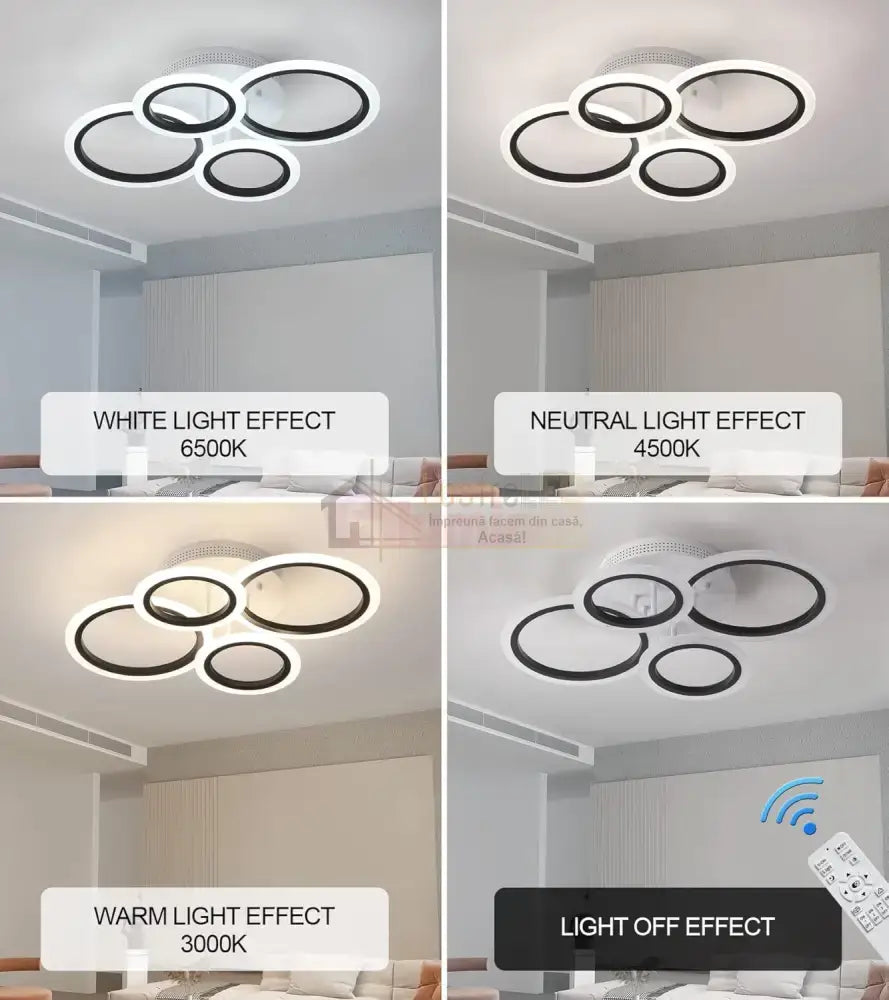 Lustra Led 4 Circle Smart Alb + Negru Echivalent 400W Telecomanda Lighting Fixtures