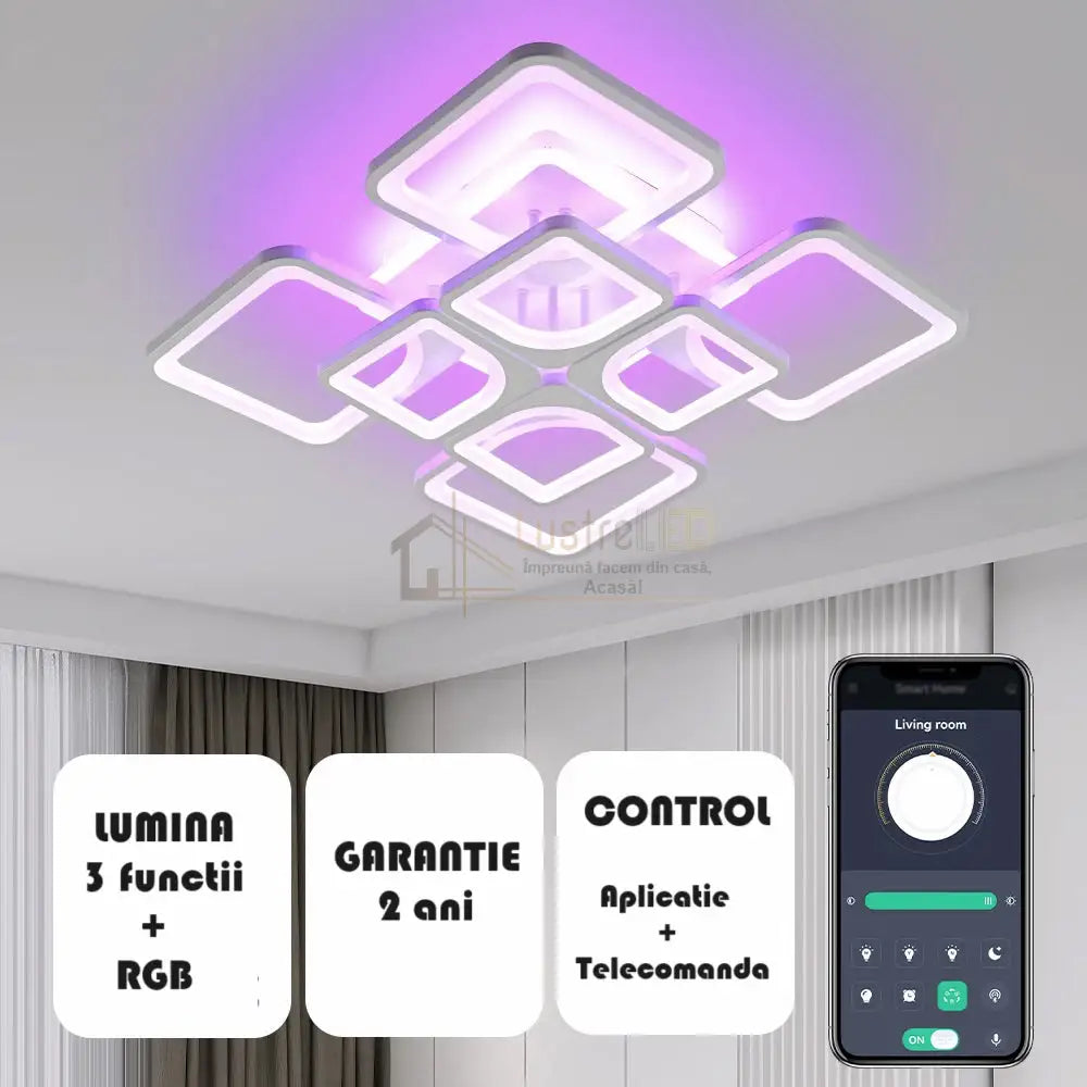 Lustra Led 240W 4 + 4 Square Gigant Rgb Echivalent 1000W Telecomanda Lighting Fixtures