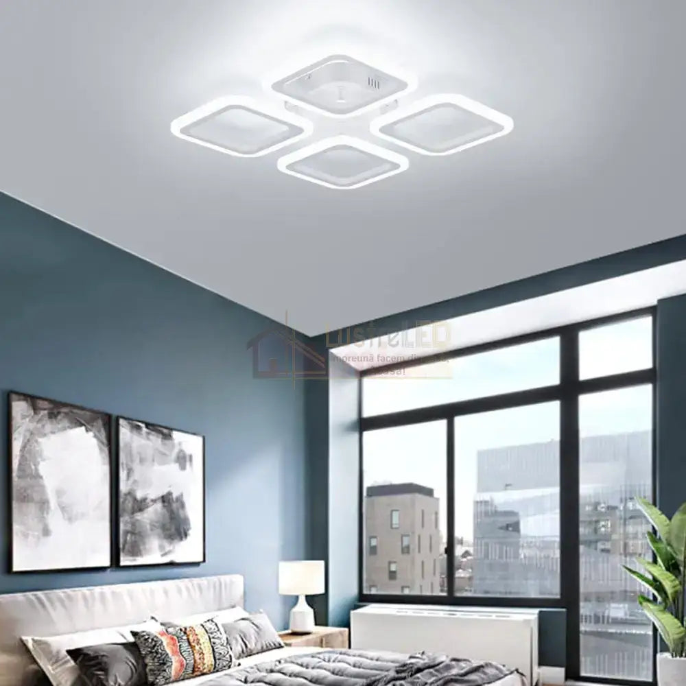 Lustra Led 4 Squares Alb Echivalent 250W Telecomanda Lighting Fixtures