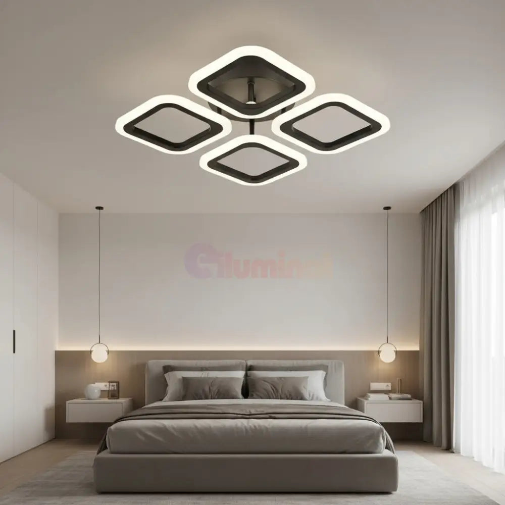 Lustra LED 4 SQUARES Black Echivalent 250W Telecomanda Lighting Fixtures