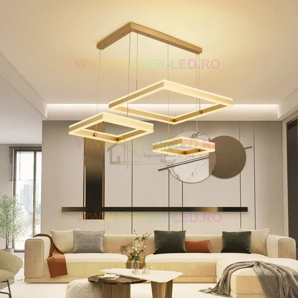 Lustra Led 416W Cassandra Square Gold 3 Segmente Telecomanda Lighting Fixtures