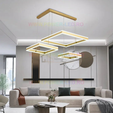 Lustra LED 416W CASSANDRA Square Gold 3 Segmente Telecomanda