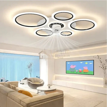 Lustra Led 5 Circle Alb Ventilator Si Telecomanda Echivalent 500W Ceiling Light With Fan