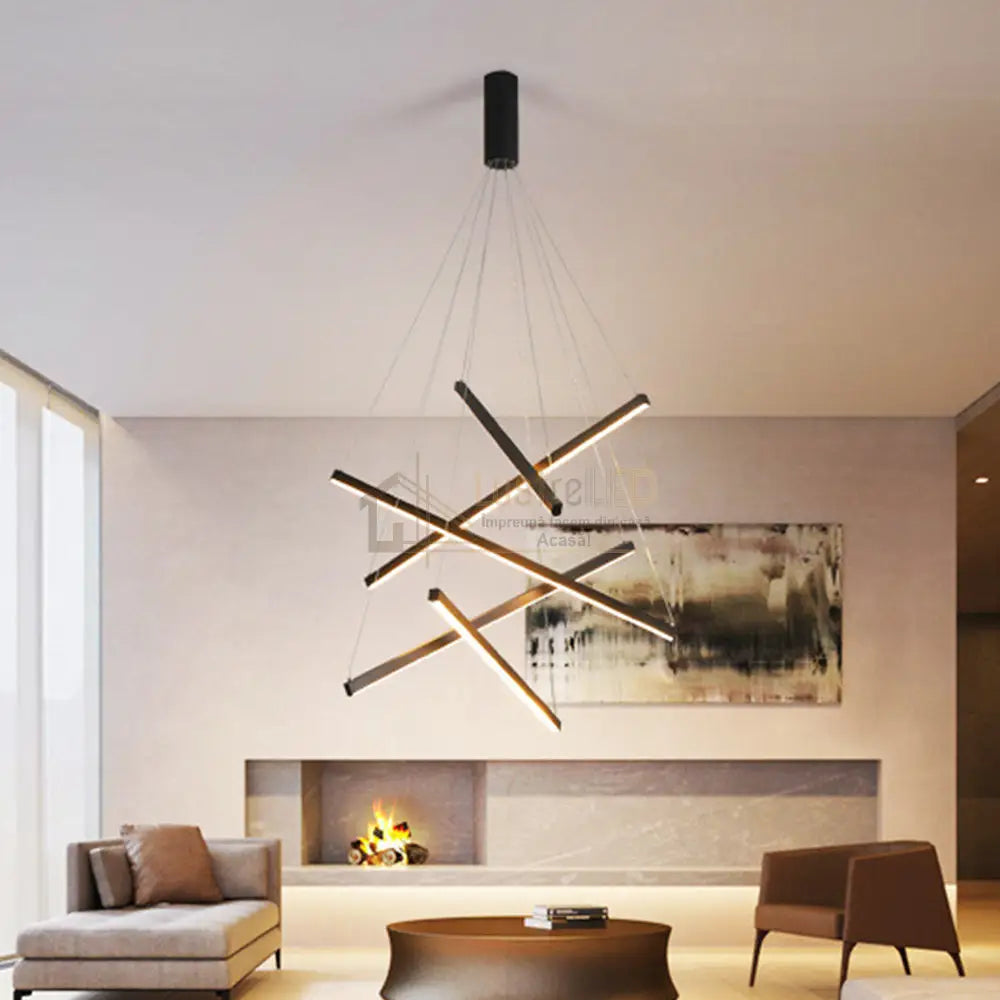 Lustra LED 5 Geometric BLACK Lines Suspendata Echivalent 500W lustreled.ro