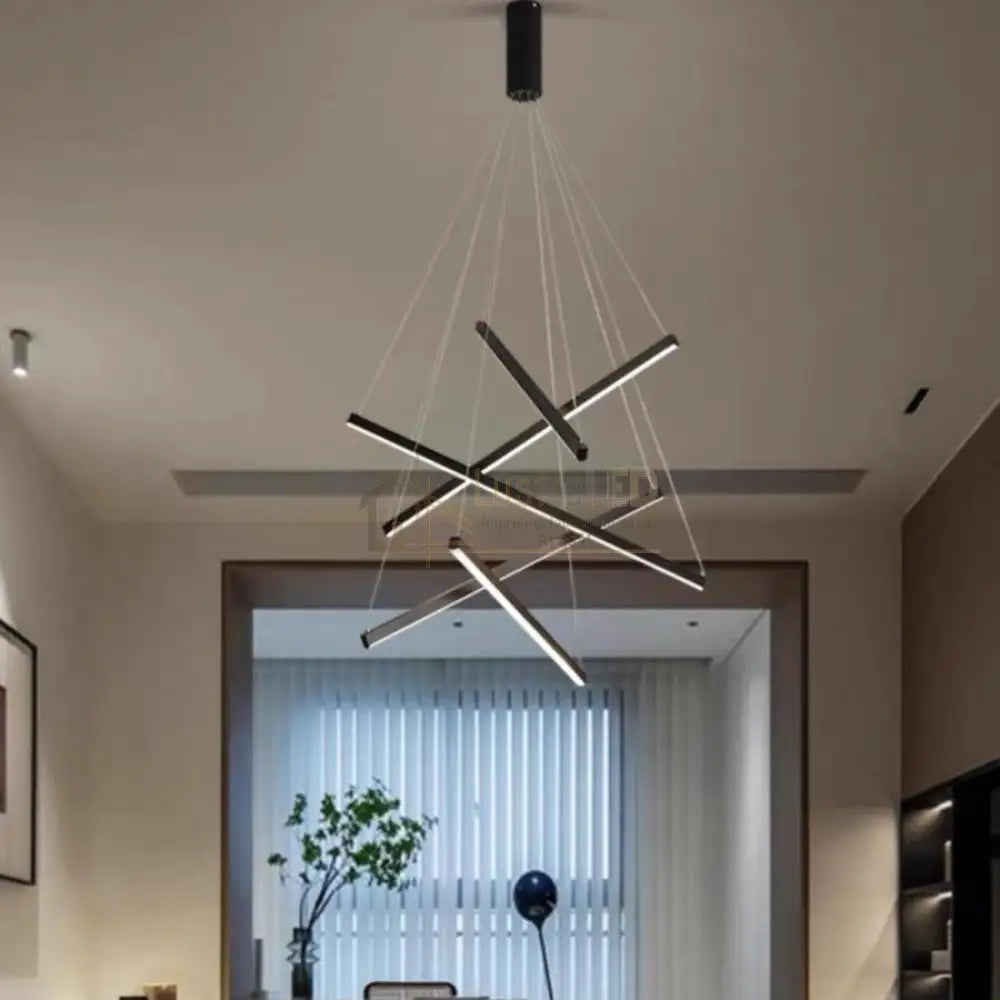 Lustra Led 5 Geometric Lines Suspendata Echivalent 500W Neagra / 90Cm Suspendate Lighting Fixtures