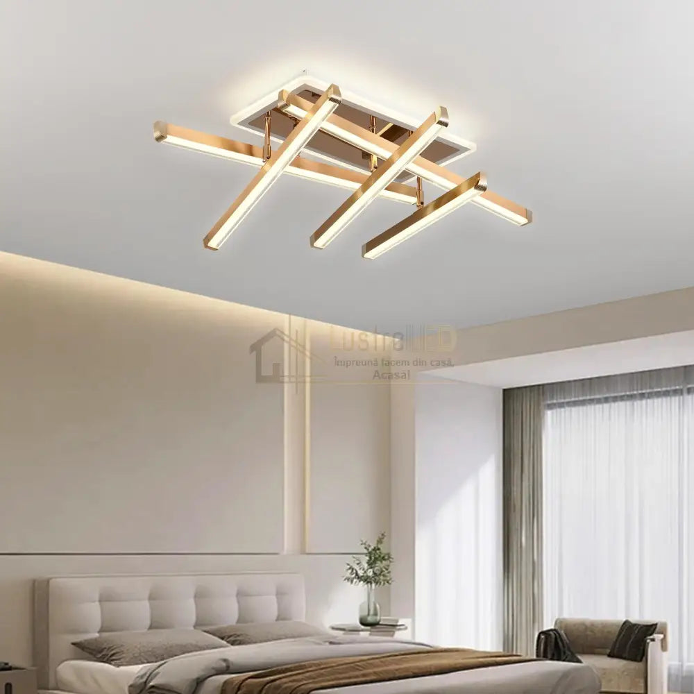 Lustra Led 5 Lines Gold Reglabila Echivalent 600W Telecomanda Lighting Fixtures