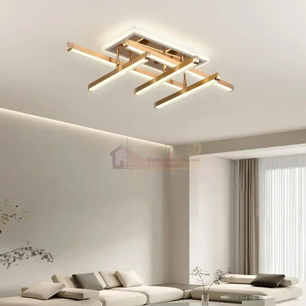 Lustra Led 5 Lines Gold Reglabila Echivalent 600W Telecomanda Lighting Fixtures