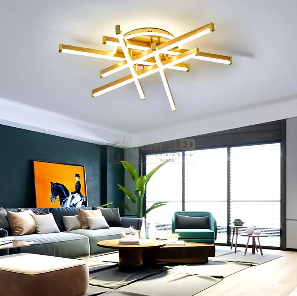 Lustra Led 6 Lines Design Round Gold Echivalent 800W Telecomanda Lighting Fixtures