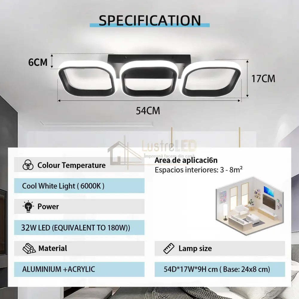 Lustra Led 60W Enzo Square Black Echivalent 300W Lighting Fixtures