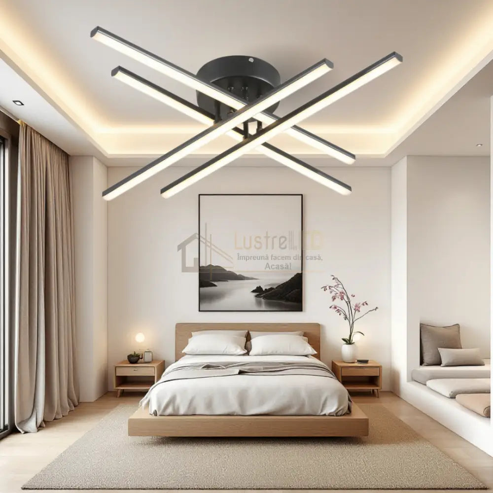 Lustra LED 4 Modern LINES Black Echivalent 400W Telecomanda 7015-4C NEAGRA / 67CM / MINIMALIST DESIGN Lighting Fixtures