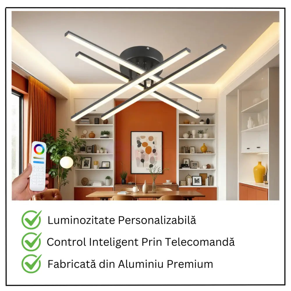 Lustra LED 4 Modern LINES Black Echivalent 400W Telecomanda 7015-4C NEAGRA / 67CM / MINIMALIST DESIGN Lighting Fixtures