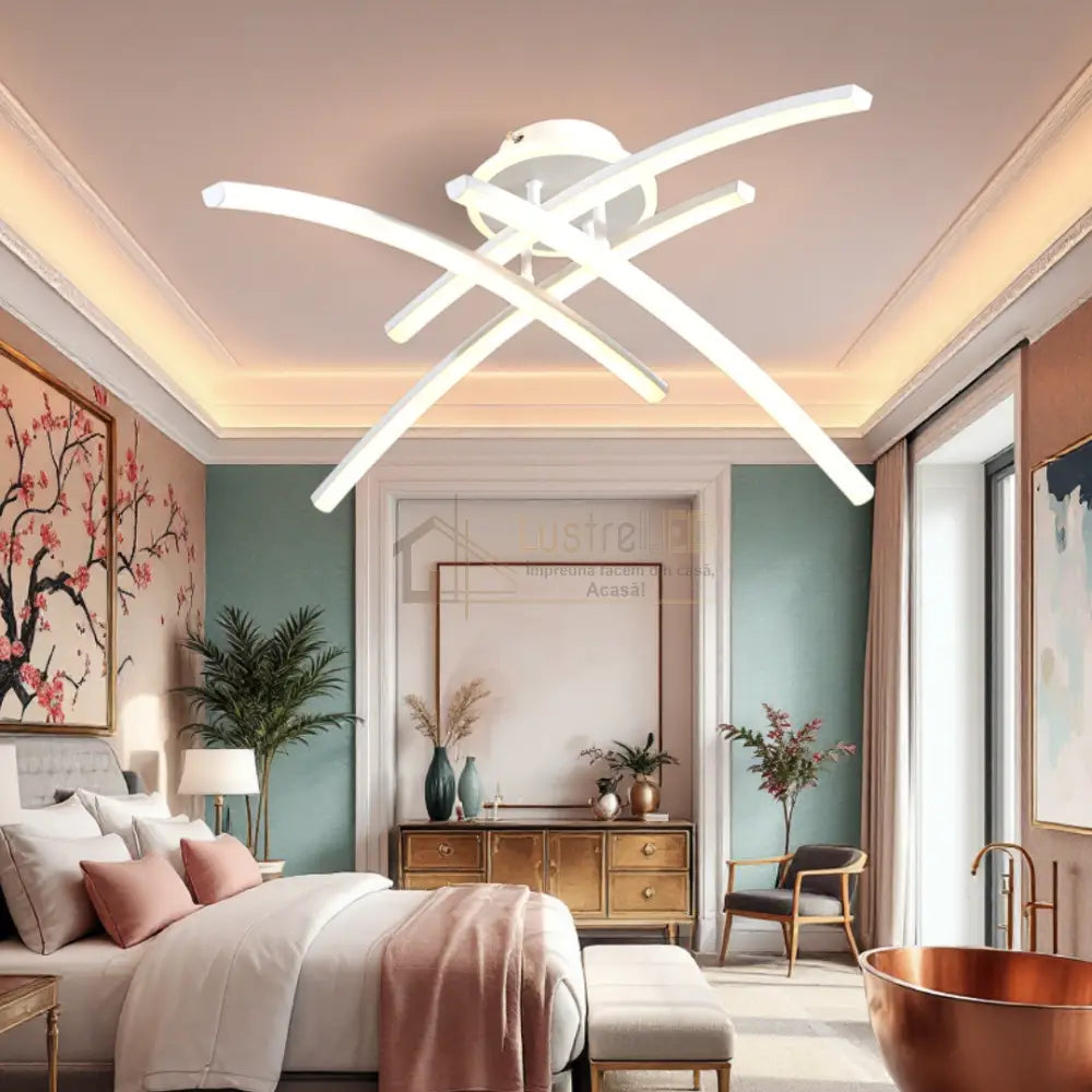 Lustra LED 4 Modern LINES White Echivalent 400W Telecomanda 7023-4C ALBA / 58CM / MINIMALIST DESIGN Lighting Fixtures