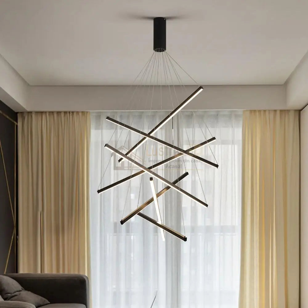 Lustra LED 7 Geometric BLACK Lines Suspendata Echivalent 800W 200CM lustreled.ro