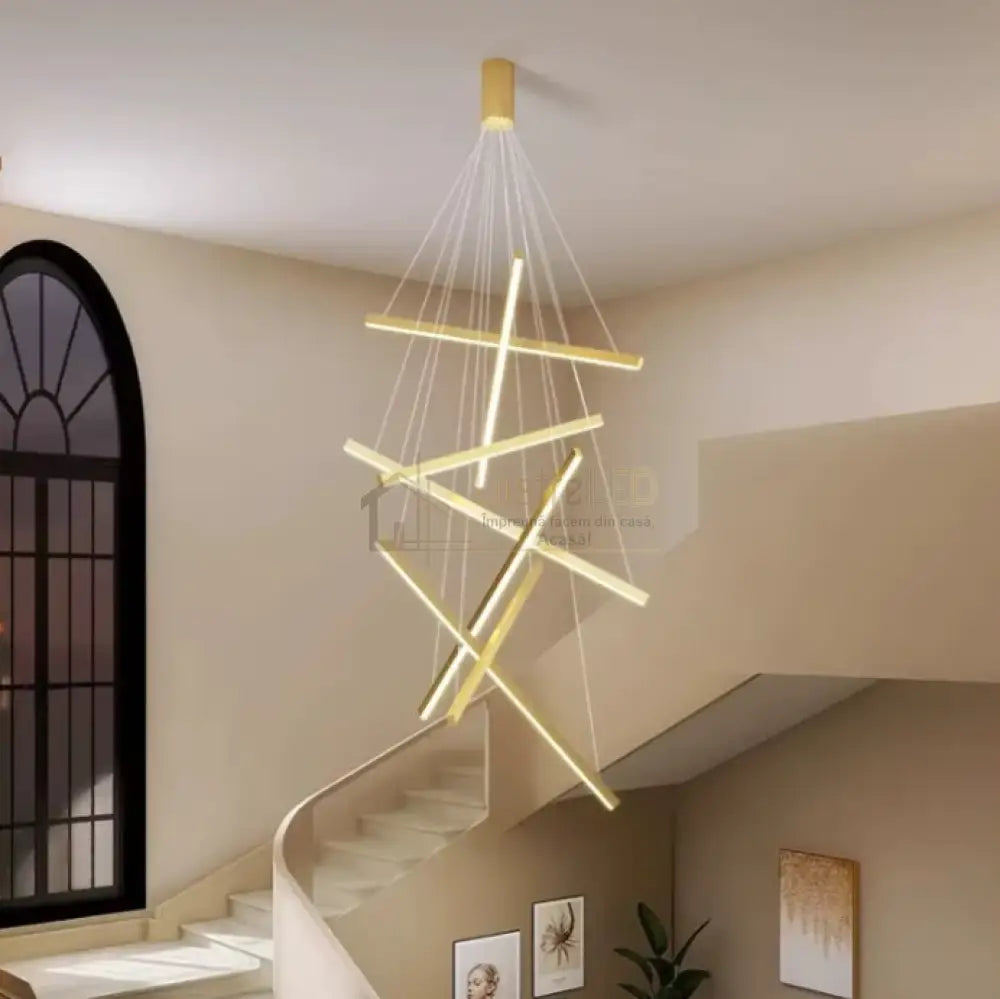Lustra LED 7 Geometric GOLD Lines Suspendata Echivalent 800W 200CM AURIE / 200CM / SUSPENDATE Lighting Fixtures