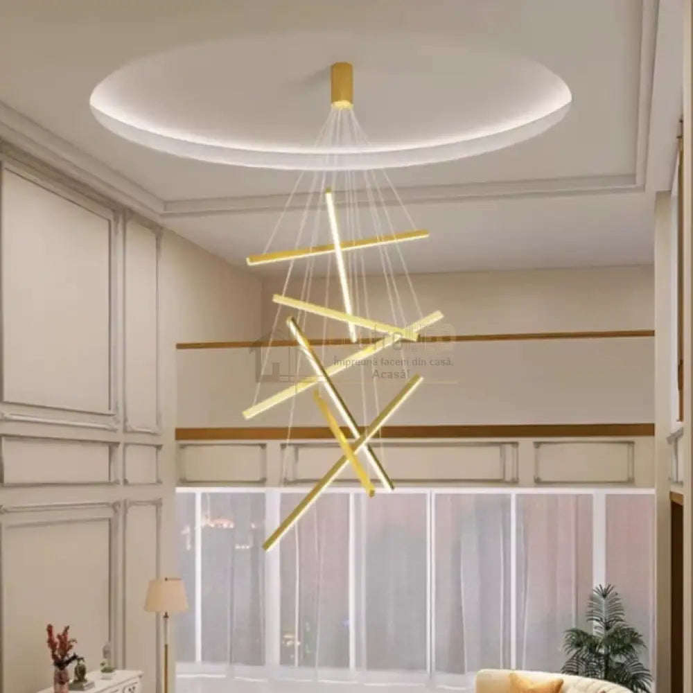 Lustra LED 7 Geometric GOLD Lines Suspendata Echivalent 800W 200CM AURIE / 200CM / SUSPENDATE Lighting Fixtures