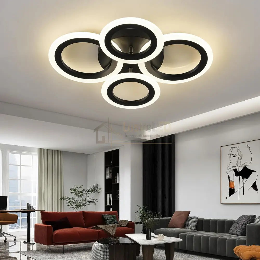 Lustra Led 72W 4 Circle Black Smart Control Vocal Echivalent 400W Lighting Fixtures